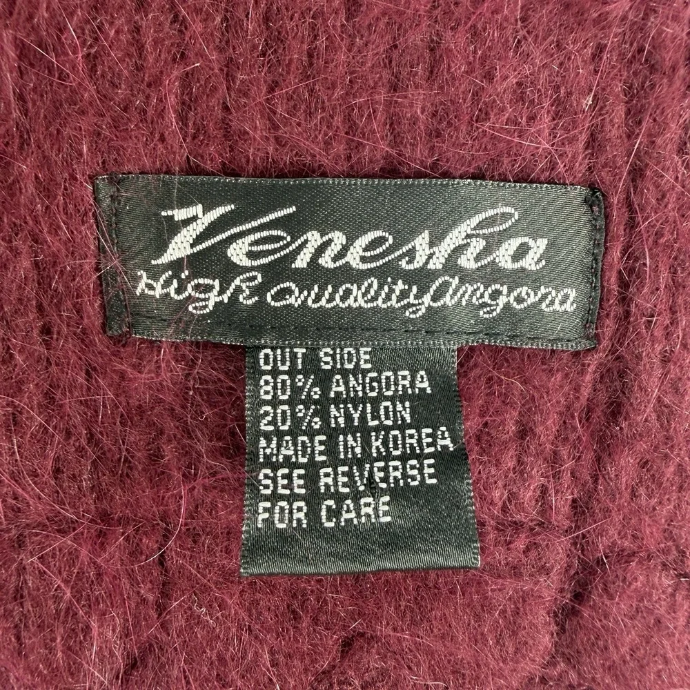 Vintage Venesha Angora Scarf Wrap Fringe Fuzzy Soft Burgundy Maroon Quiet Luxury